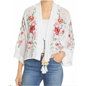 Johnny Was Aurora Kimono white embroidered tassels Sz L EX cond boho